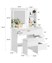 homfan Vanity Desk with Led Mirror, 4 Drawers, Power Outlet, Shelves and Storage Stool, Makeup Vanity Set for Bedroom