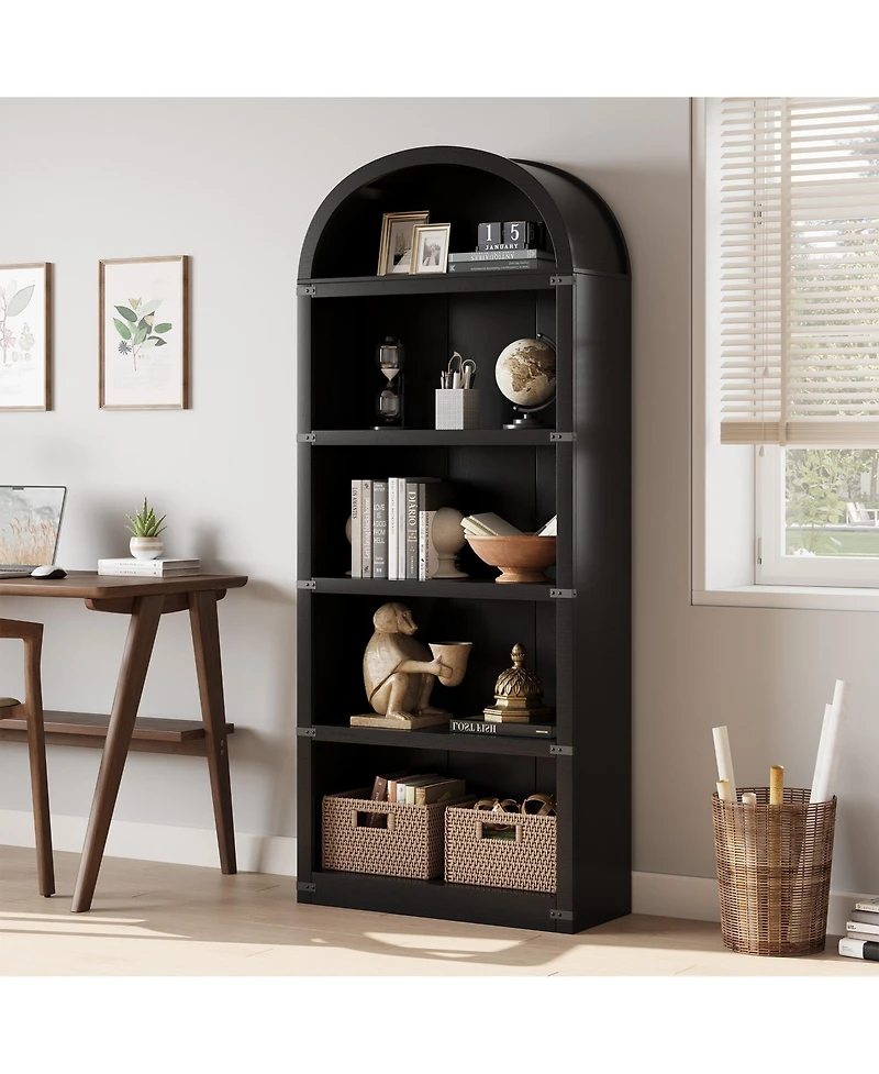 homfan Arched 5-Shelf Wooden Bookcase Cabinet with Doors - 71.65 Inch Tall Farmhouse Display Storage Rack Bookshelf for Home Office, Living Room