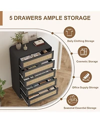 homfan 31-Inch Rattan Chest of Drawers Five with Rounded Corners, Wooden Cabinet, Suitable For Bedroom, Wardrobe, And Tv Stand.