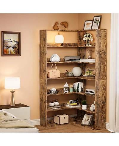homfan 6-Tier L-Shaped Corner Bookshelf, Anti-fall Baffle Design Minimalist Engineered Wood Storage Shelf for Home