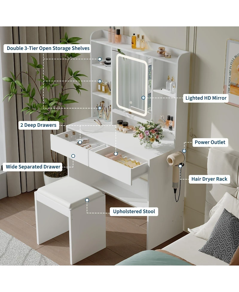 homfan Vanity Desk with Mirror and Lights, Bedroom, Adjustable 3 Color Modes, Makeup Table with Hidden Shelves, Usb Outlets, Hairdryer Holder