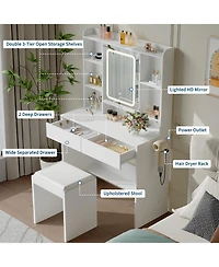 homfan Vanity Desk with Mirror and Lights, Bedroom, Adjustable 3 Color Modes, Makeup Table with Hidden Shelves, Usb Outlets, Hairdryer Holder
