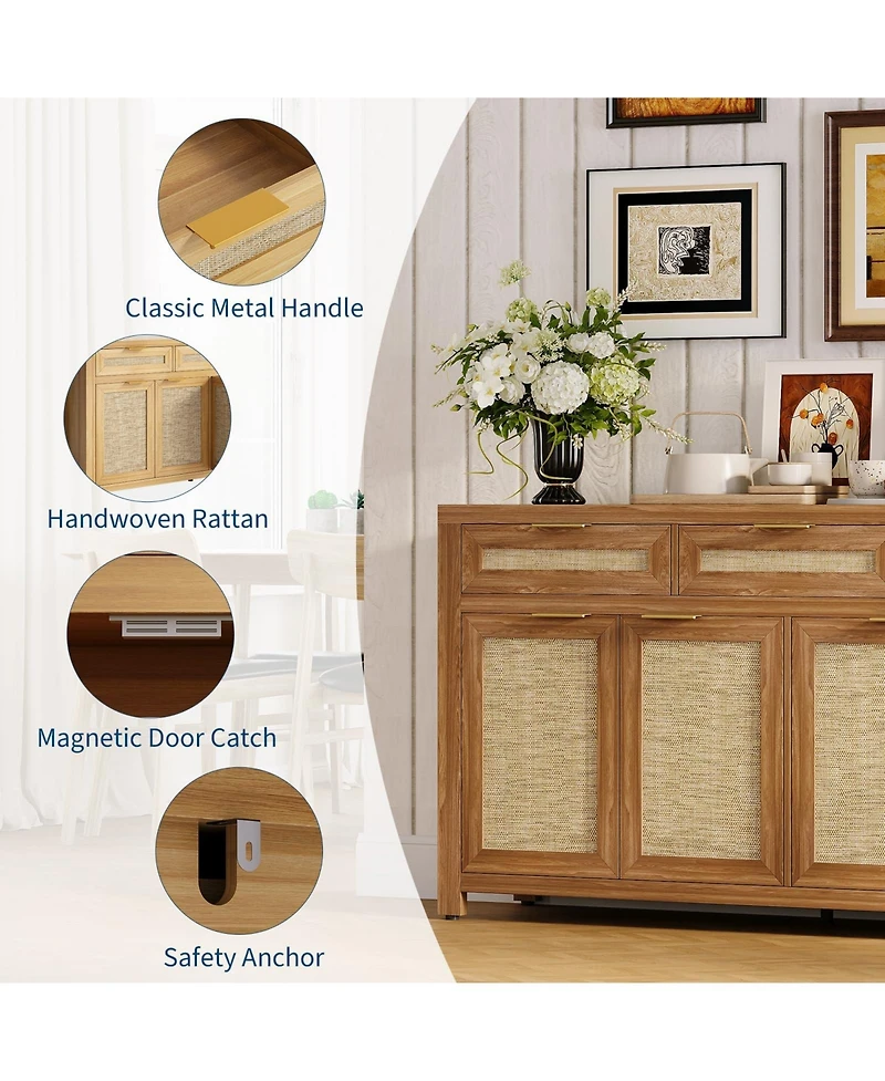 homfan 63 Inch Farmhouse Rattan Sideboard Credenza, Storage Buffet with 3 Drawers, 4 Doors and Adjustable Shelves for Home Organization