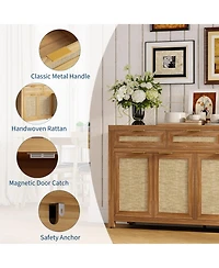 homfan 63 Inch Farmhouse Rattan Sideboard Credenza, Storage Buffet with 3 Drawers, 4 Doors and Adjustable Shelves for Home Organization