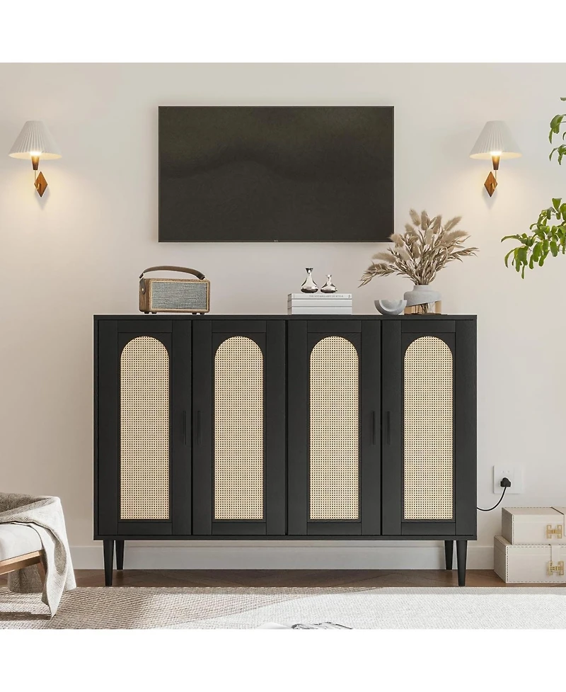homfan Modern Boho Rattan 4-Door Storage Console, Sideboard Buffet with Built-in Power Outlet and Adjustable Shelves for Multi-Room Use