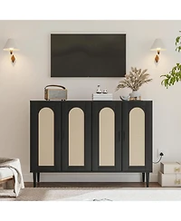 homfan Modern Boho Rattan 4-Door Storage Console, Sideboard Buffet with Built-in Power Outlet and Adjustable Shelves for Multi-Room Use