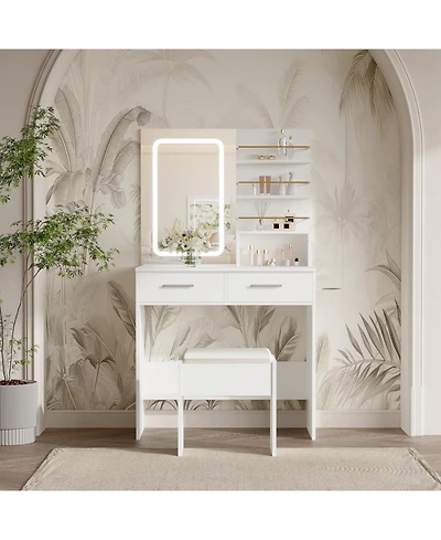 homfan Modern Vanity Desk with Mirror, 3 Color Led Lighting, 4 Open Shelves, 2 Storage Drawers, Cushioned Stool, Dressing Table