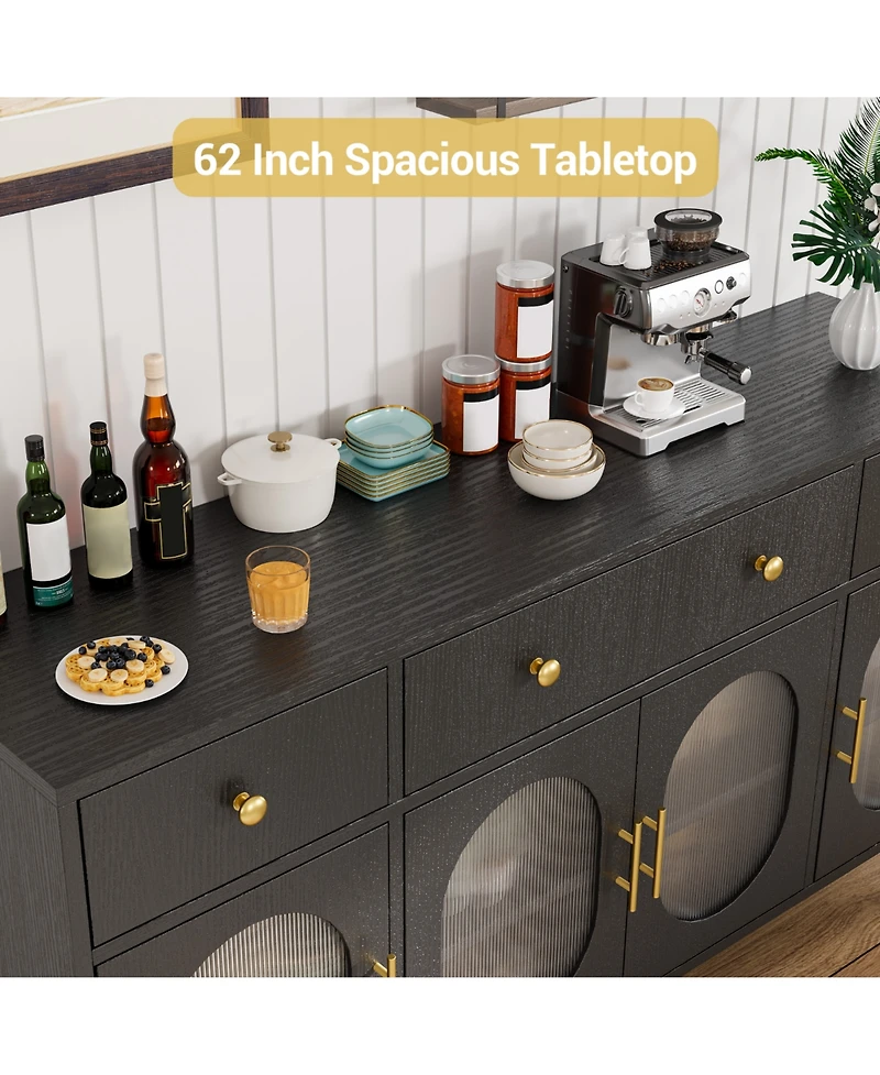 homfan Retro Fluted Acrylic Door Storage Cabinet, Engineered Wood Multi-Functional Sideboard Console with Metal Legs and Anti-Tip Structure