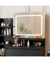 homfan Modern Vanity Desk with Mirror and Adjustable Led Lights, 4 Drawers, Storage Shelves, Charging Station and Stool for Bedroom, Makeup Table