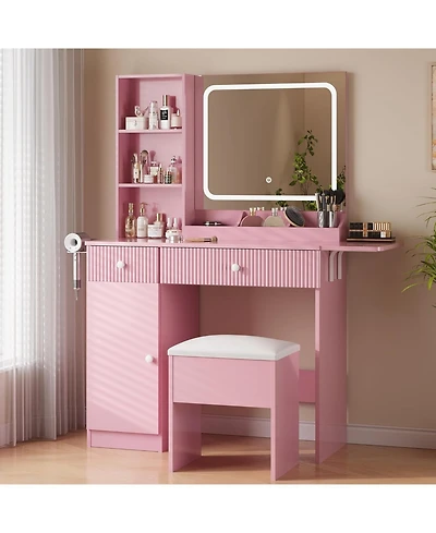 homfan Vanity Desk with Mirror and Led Lights, Power Outlets, Drawers, Cabinet, Storage Stool, Collapsible Panel, Compact Bedroom Dressing Table