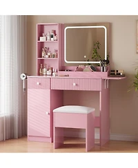 homfan Vanity Desk with Mirror and Led Lights, Power Outlets, Drawers, Cabinet, Storage Stool, Collapsible Panel, Compact Bedroom Dressing Table