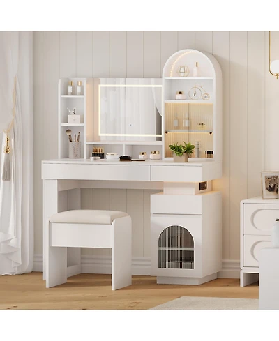homfan Arched Vanity Desk Set with Lighted Mirror, 3 Drawers, 11 Shelves, Outlet and Stool