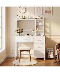 homfan Vanity Desk with Square Mirror, 35.4"Makeup Vanity Table with Shelves, 4 Fabric Drawers Storage, Modern Dressing Table for Bedroom