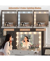 homfan Large Vanity Table with Light Bulbs, Glass Top Makeup Vanity Desk with 11 Storage Drawers Large Makeup Mirror, Power Outlet, Vanity for Bedroom