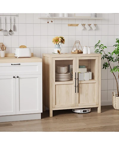 homfan Farmhouse Glass Door Sideboard Cabinet, Heavy Duty Engineered Wood Storage Buffet for Dining Room Living