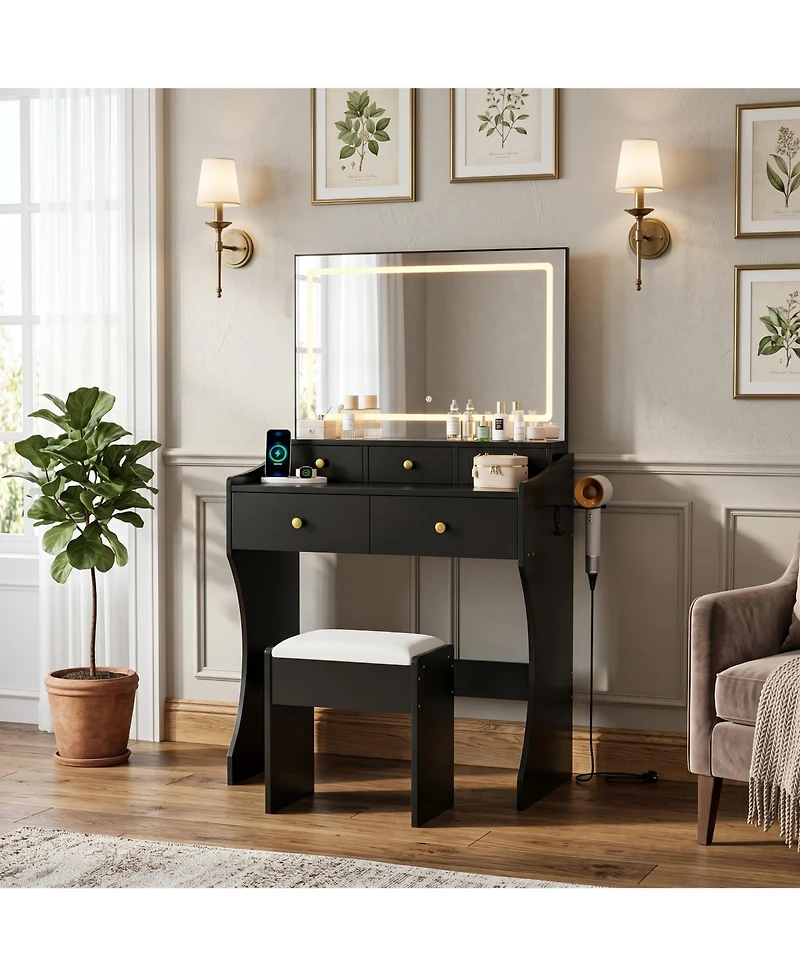 homfan 31.5-Inch-Wide Vanity with Chair, Womens Stool, Led Mirror, Hairdryer Holder, Power Outlet, 3 Lighting Color Adjustable