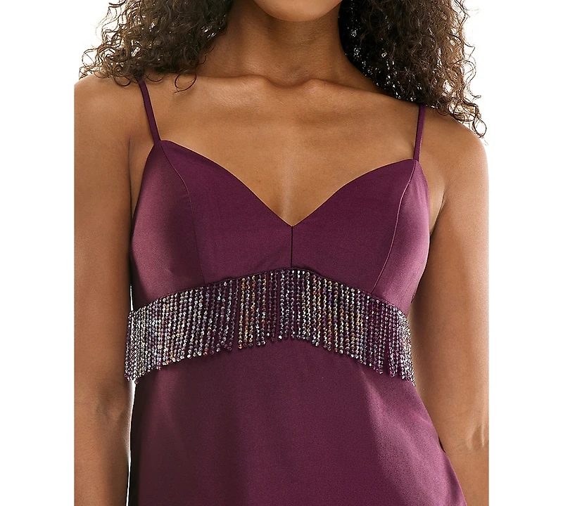 City Studios Juniors' Beaded Fringe Trim Satin Short Dress