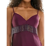 City Studios Juniors' Beaded Fringe Trim Satin Short Dress