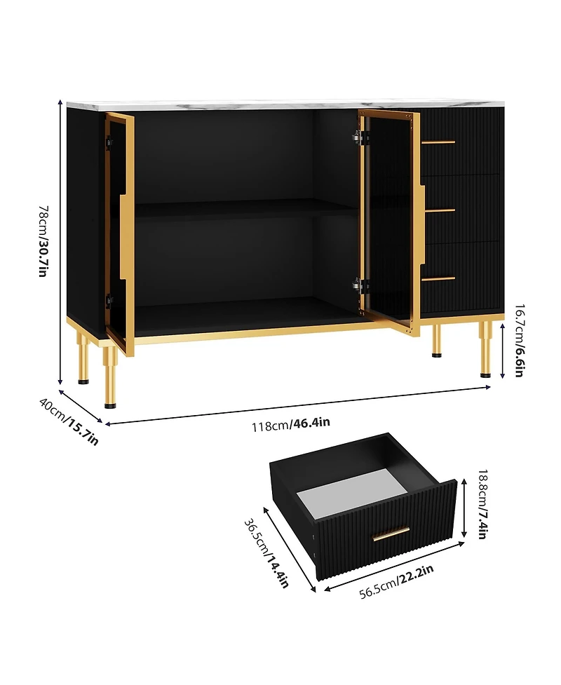 homfan Glass Door Side Cabinet with Wave Drawers and Marble Finish, Accent Buffet for Dining Room Living