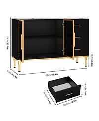 homfan Glass Door Side Cabinet with Wave Drawers and Marble Finish, Accent Buffet for Dining Room Living