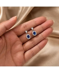 Extra Mini Sterling Silver White Gold Plated Blue Oval Cubic Zirconia with Clear Pear and Round Cubic Zirconias Accent Earrings