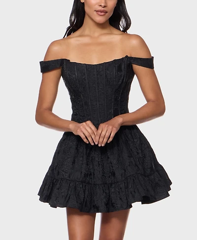 Alex & Sophia Juniors' Off-The-Shoulder Corset Bodice Jacquard Dress