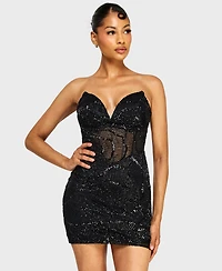 Alex & Sophia Juniors' Strapless V-Neck Sequin Beaded Dress