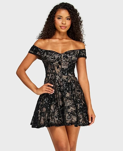 Alex & Sophia Juniors' Off-The-Shoulder Lace Sequin Dress