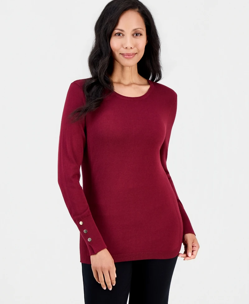 Jm Collection Women's Button-Sleeve Crewneck Sweater, Created for Macy's