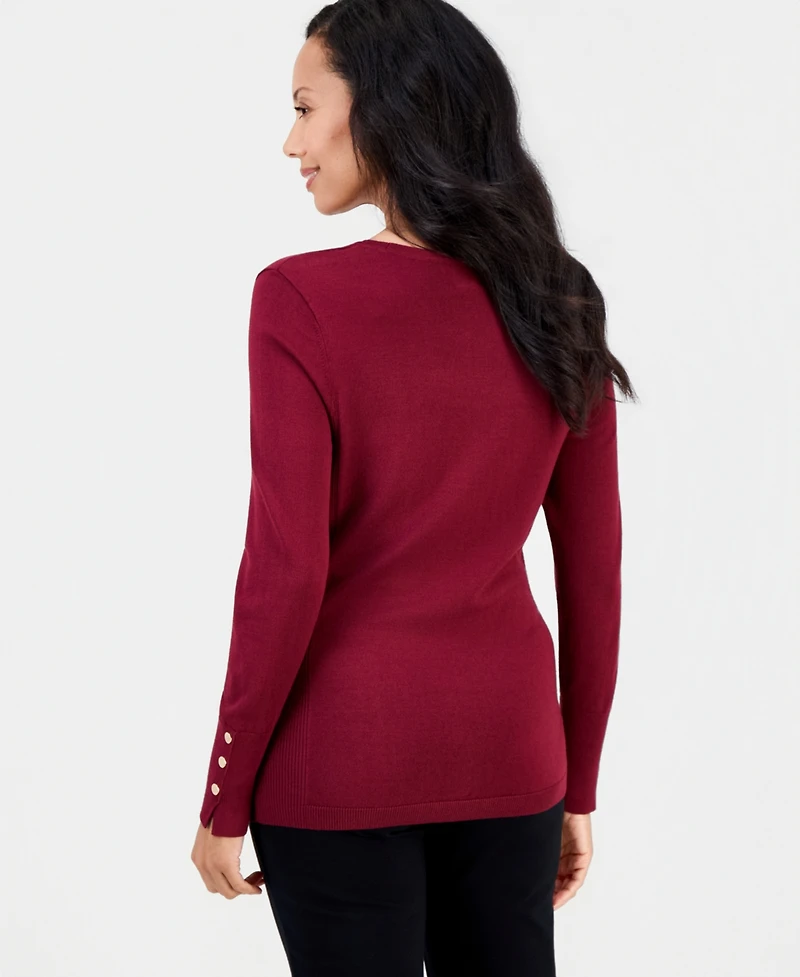 Jm Collection Women's Button-Sleeve Crewneck Sweater, Created for Macy's