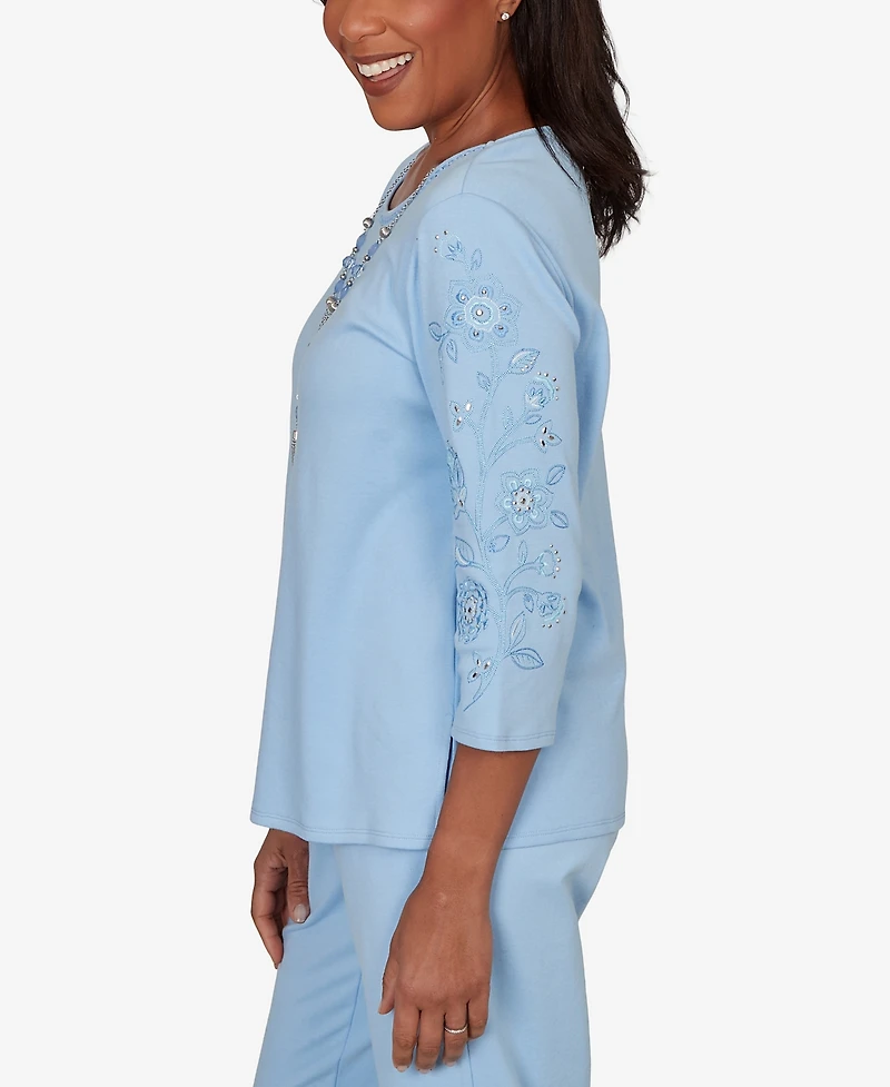 Alfred Dunner Women's Embroidered Floral Sleeve Accent Top