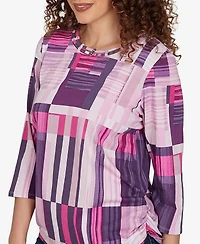 Alfred Dunner Women's Purple Bars Ruched Sides Top