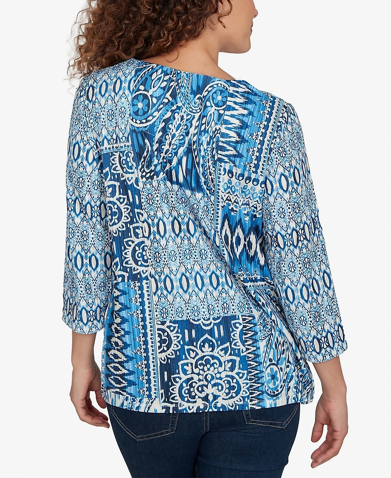 Alfred Dunner Women's Medallion Navy Patchwork Knit Top