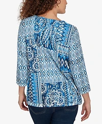 Alfred Dunner Women's Medallion Navy Patchwork Knit Top