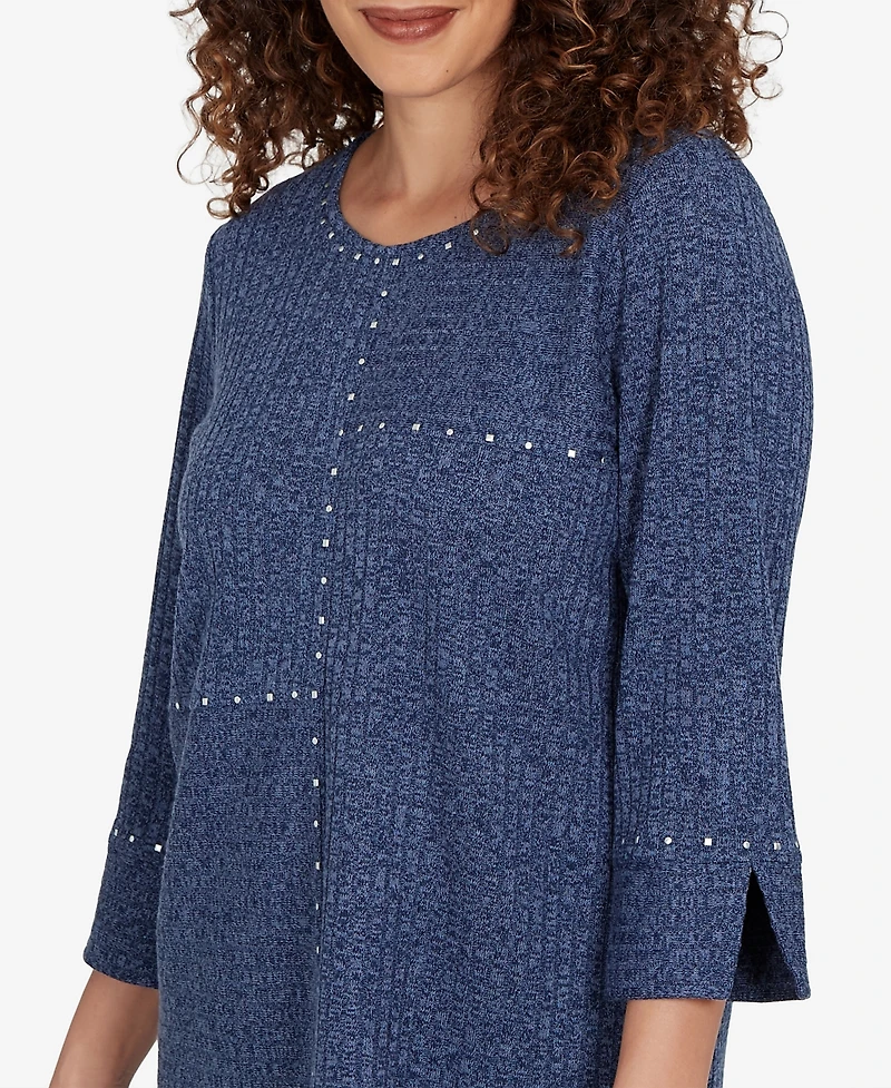 Alfred Dunner Women's Spliced Texture Metallic Studded Top