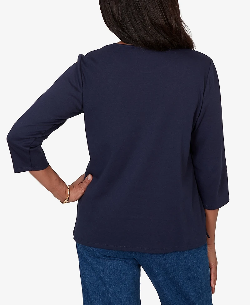 Alfred Dunner Women's Autumn Embroidered Navy Knit Top