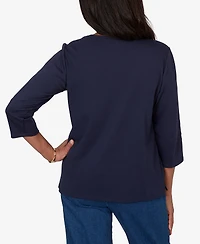 Alfred Dunner Women's Autumn Embroidered Navy Knit Top