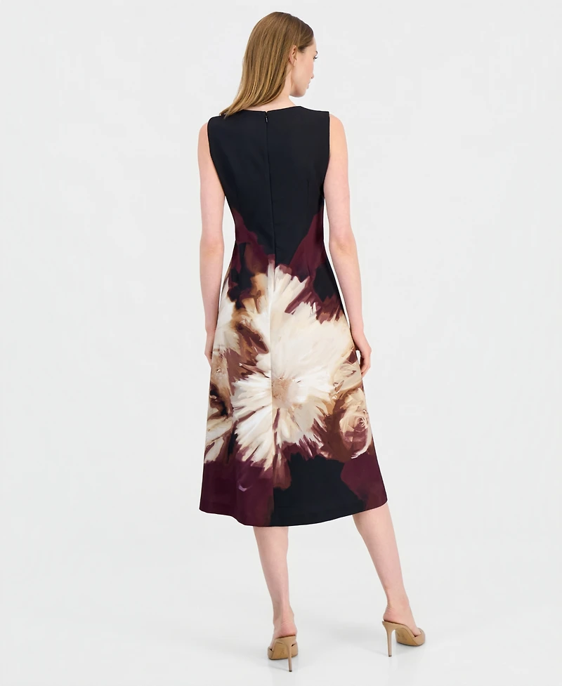 Anne Klein Women's Scuba Floral Print A-Line Midi Dress