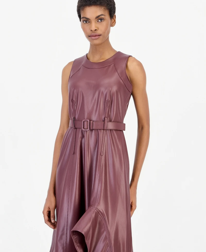Anne Klein Women's Faux Leather Asymmetrical A-Line Dress