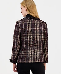 Anne Klein Women's Petite Fringe-Trim Plaid Shawl-Collar Jacket