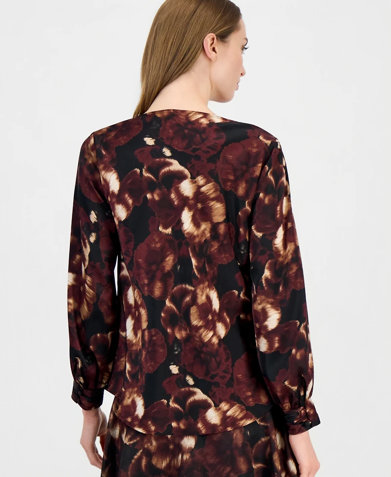 Anne Klein Petite Drape Neck Floral-Print Long-Sleeve Blouse