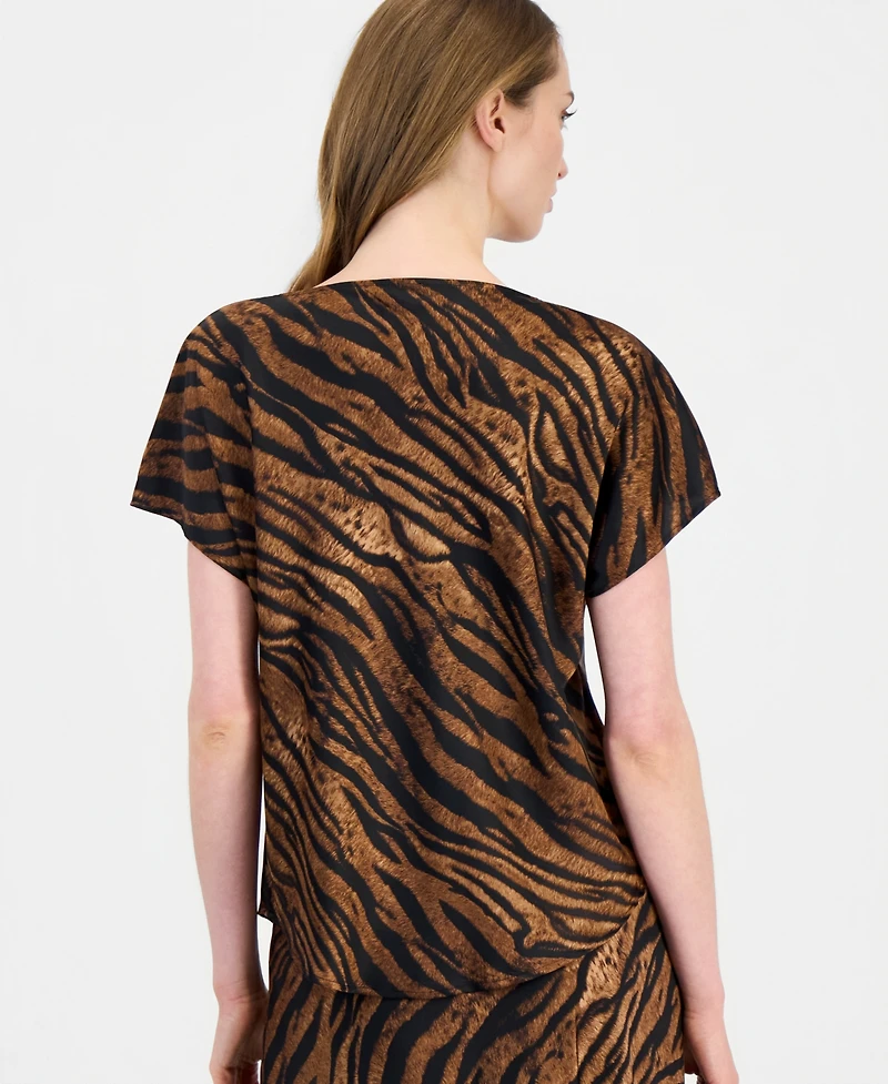 Anne Klein Petite Animal Print Cowl Neck Short-Sleeve Blouse