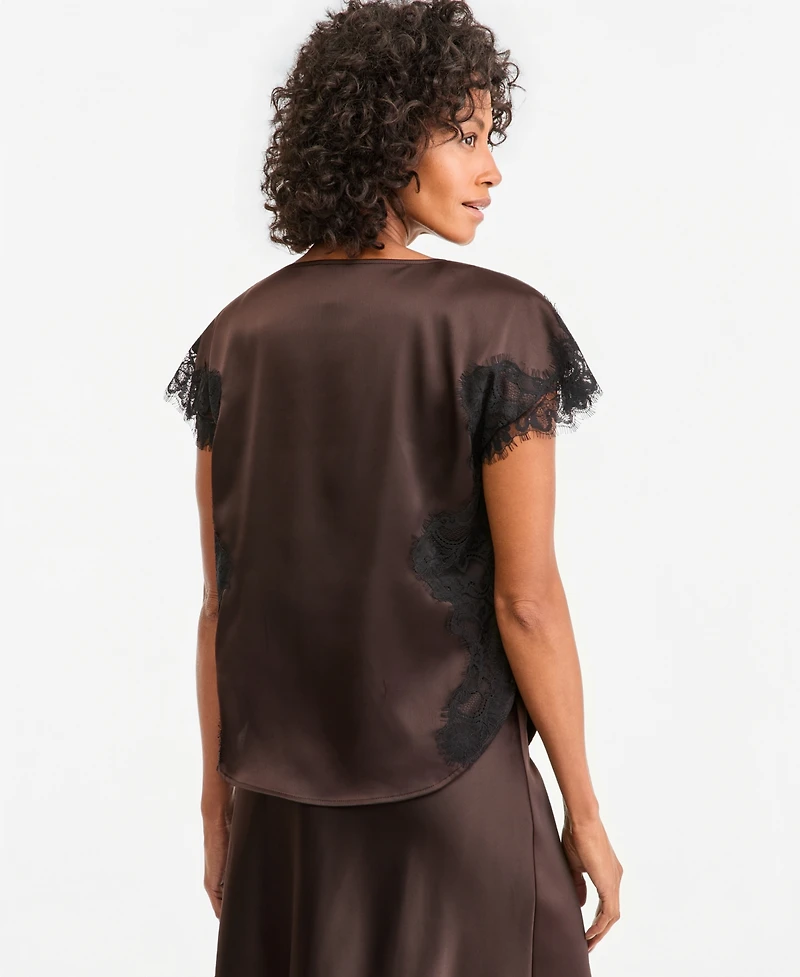 Anne Klein Women's Short-Sleeve Lace-Trim Satin Top