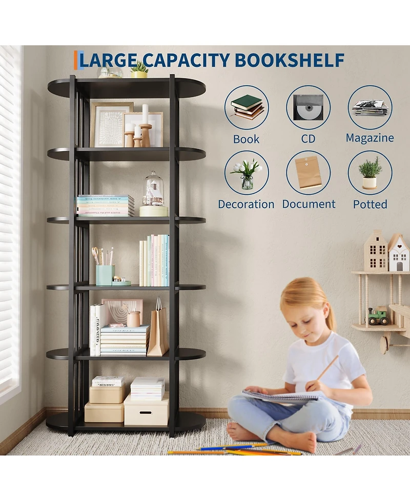 homfan 6-Tier Industrial Tall Bookshelf, Waterproof Panel Storage Shelf with Anti-Tipping Structure, Easy-Clean Multi-Purpose Home Office Display Rack