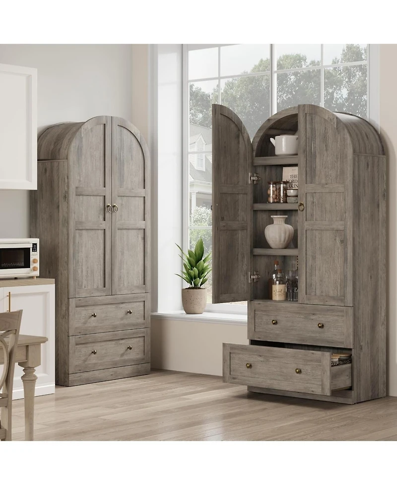 homfan 72 Inch Tall Dome Bookcase with Drawers and Wood Door 4-Tier Wooden Bookshelf with Arched Top for Home Office Living Room Entryway