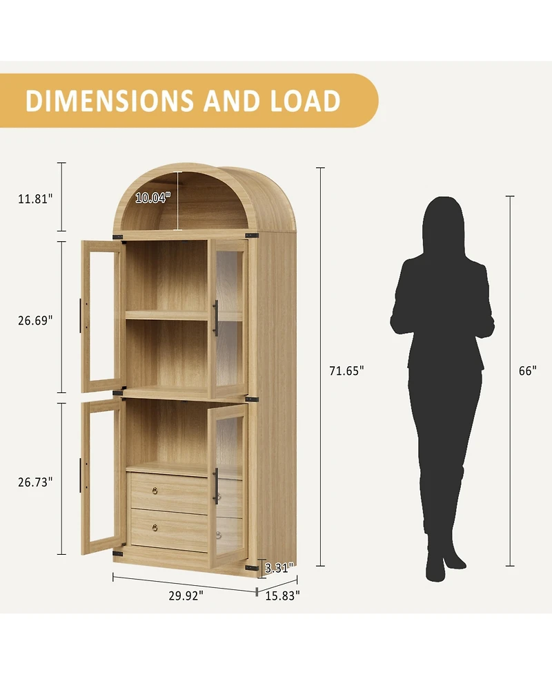 homfan Modern Farmhouse Arched Top Bookcase, Mdf Storage Cabinet with Glass Doors and Anti-Tip Straps, Easy Assembly Display Shelf
