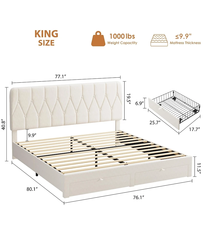 gaomon Bed Frame with 2 Drawers, Velvet Upholstered Platform Bed with Wooden Slats for Bedroom, No Box Spring Needed, Easy Assembly