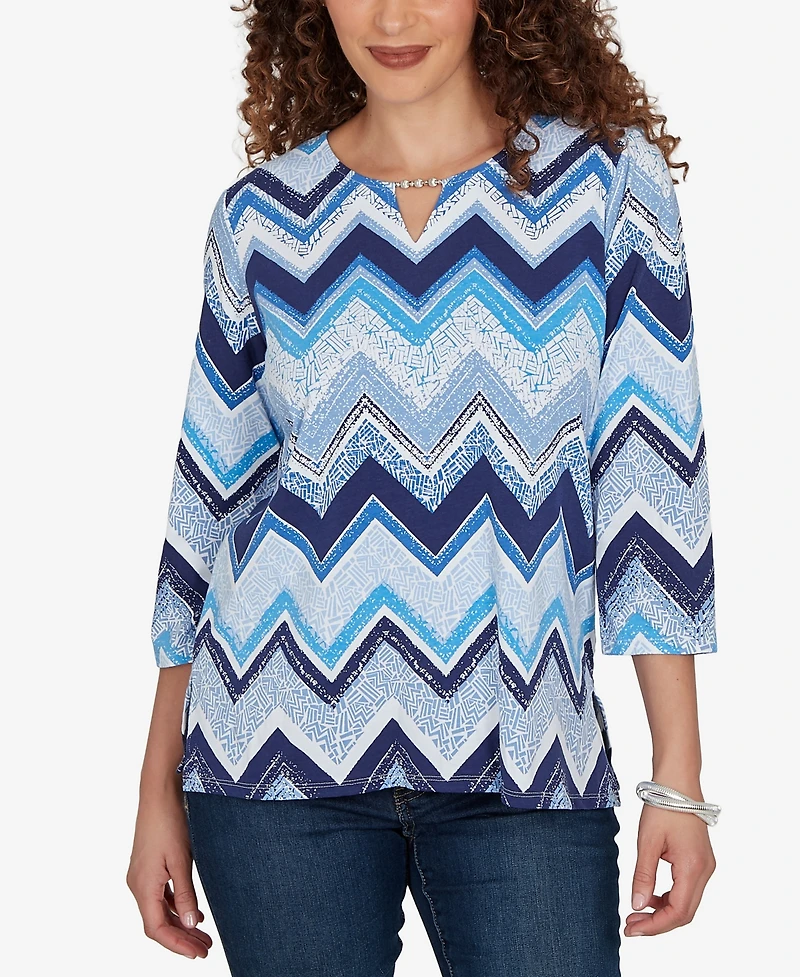 Alfred Dunner Petite Chevron Blues Split Neck Top