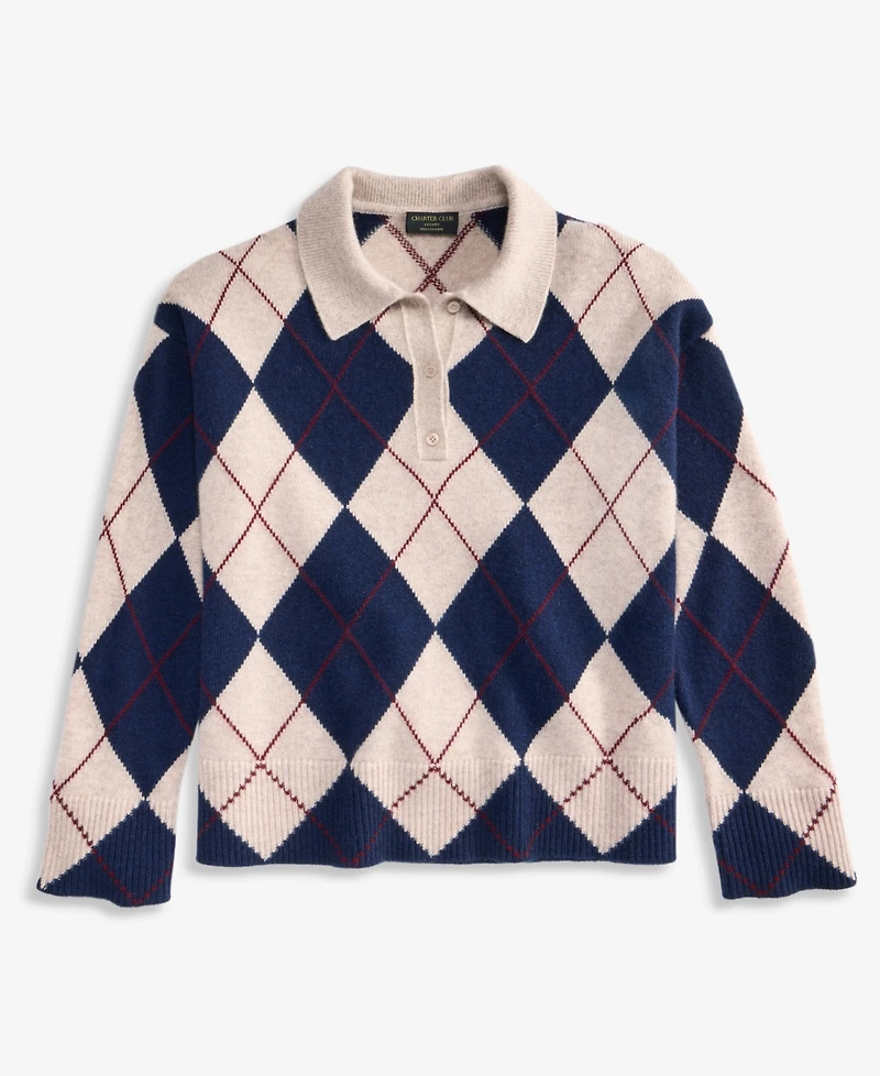 Charter Club Women's 100% Cashmere Argyle Oversized-Collar Sweater, Macy's Exclusive