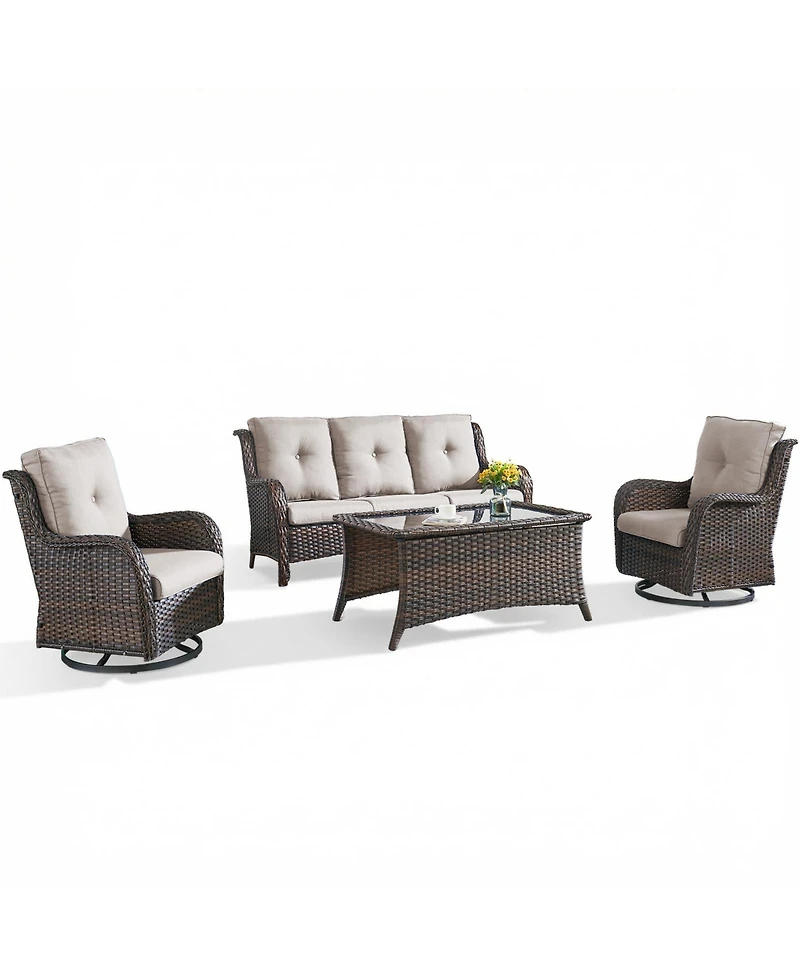 Pocassy Wicker Patio Furniture Set with Coffee Table-4 Pieces All Weather Outdoor High Back Swivel Chairs